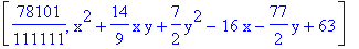 [78101/111111, x^2+14/9*x*y+7/2*y^2-16*x-77/2*y+63]